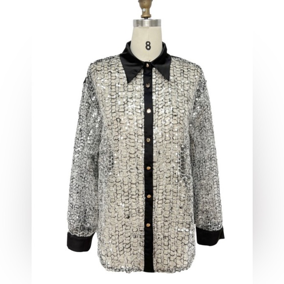 S552. Black Sequin Button-up Shirt - Picture 2 of 2